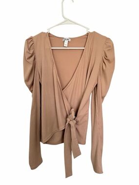 Love Ady Tan RIbbed Long Sleeve Side Wrap Ruffled Shoulders Blouse